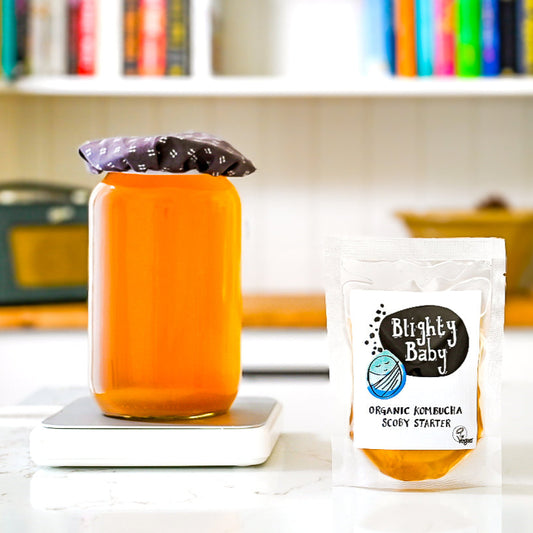 Kombucha brewing jar and a package labeled 'Blighty Baby' on a white surface with a blurred bookshelf background.